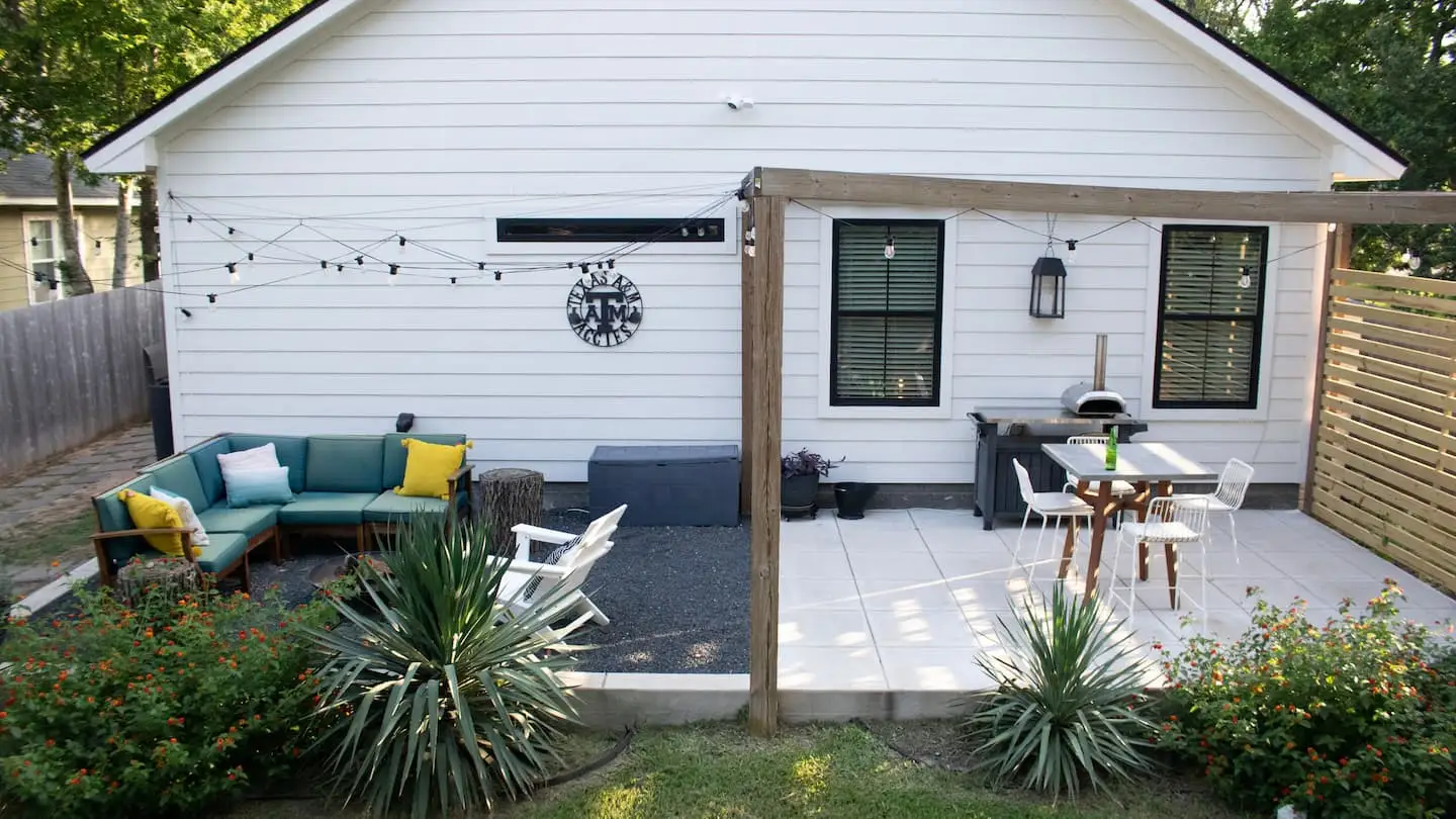 Backyard patio seating and pergola