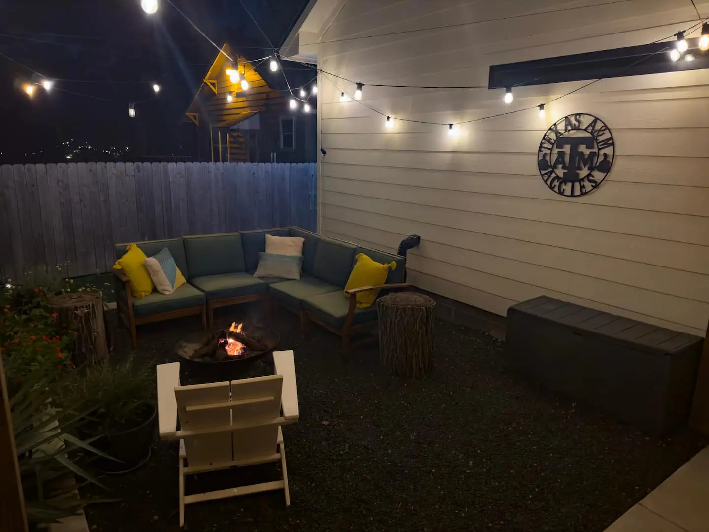 Covered patio seating at night