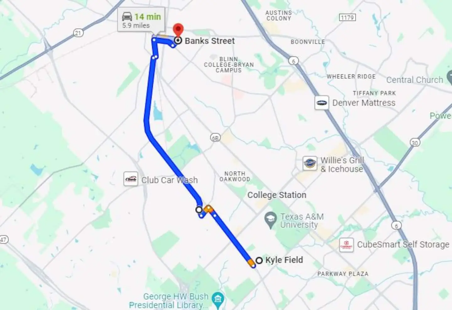 Map from the house to Kyle Field