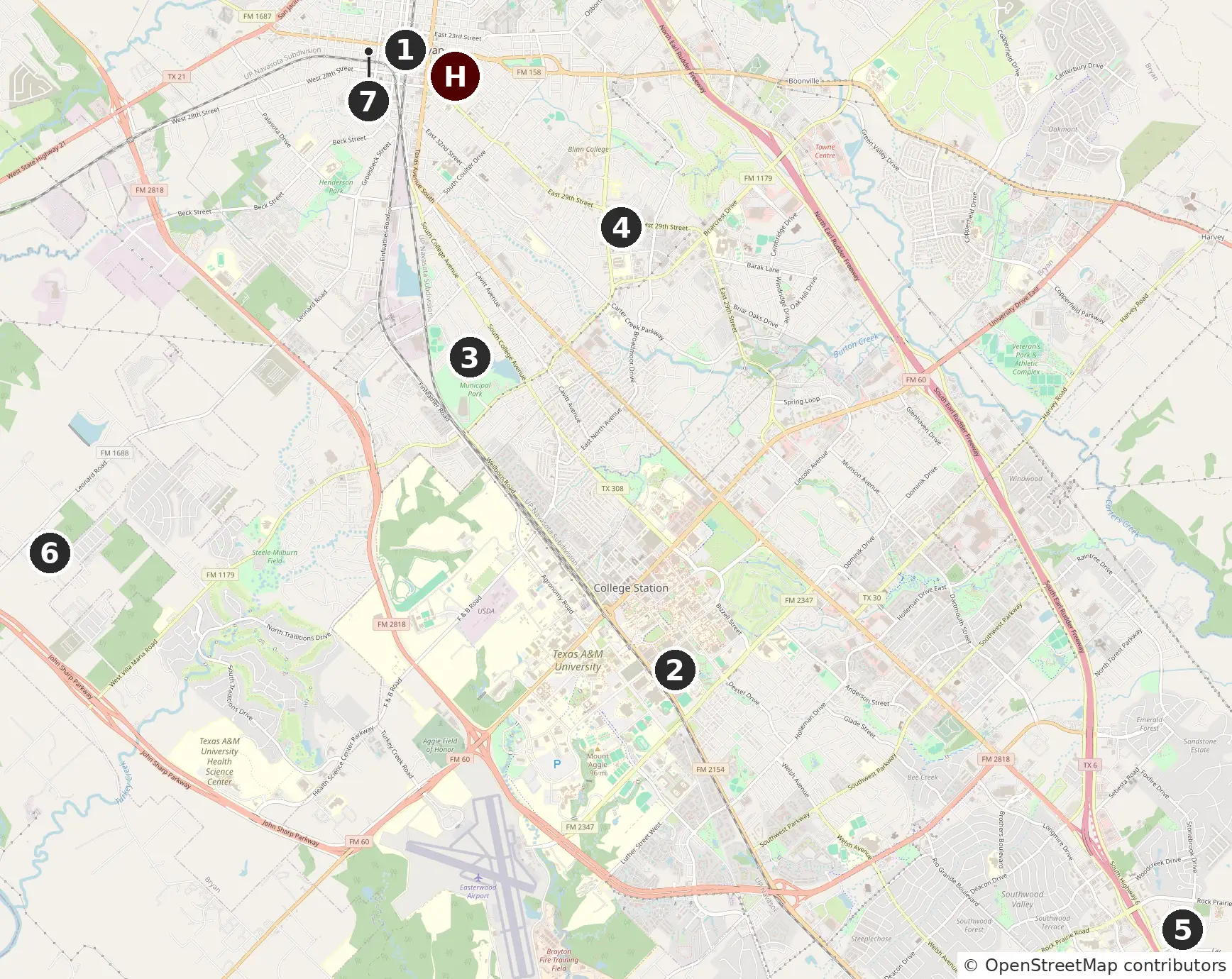 Map of Bryan and College Station showing Howdy Home at 706 Banks Ave, Bryan, TX 77803 and pins for Downtown Bryan, Kyle Field, Legends Event Center, CHI St. Joseph, Baylor Scott & White College Station, the Brazos County Expo Complex, and Astin Mansion