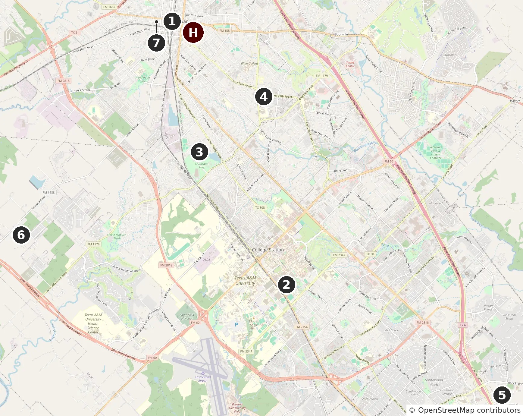 Map of Bryan and College Station showing Howdy Home at 706 Banks Ave, Bryan, TX 77803 and pins for Downtown Bryan, Kyle Field, Legends Event Center, CHI St. Joseph, Baylor Scott & White College Station, the Brazos County Expo Complex, and Astin Mansion