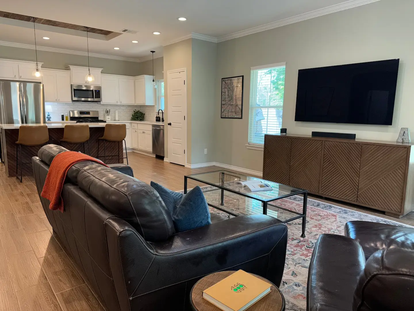 Open living room with 65-inch TV
