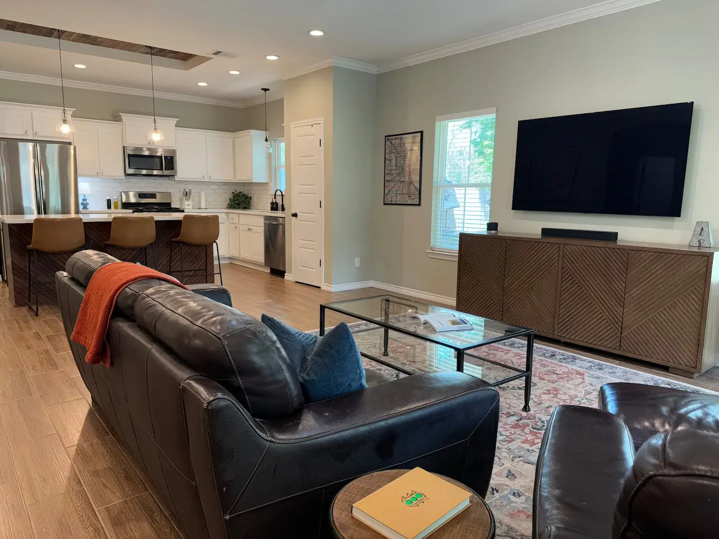 Open living room with 65-inch TV